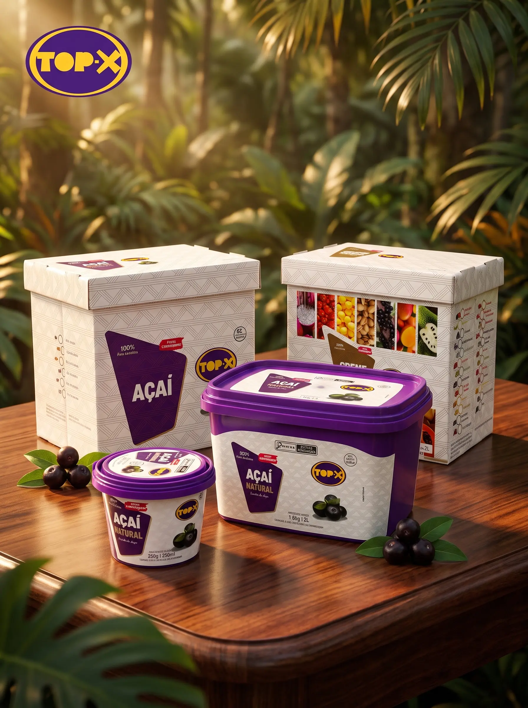 Potes de Açaí Natural Top-X de 250 ml e 2 L e caixas de Açaí e Creme Top-X sobre uma mesa de madeira